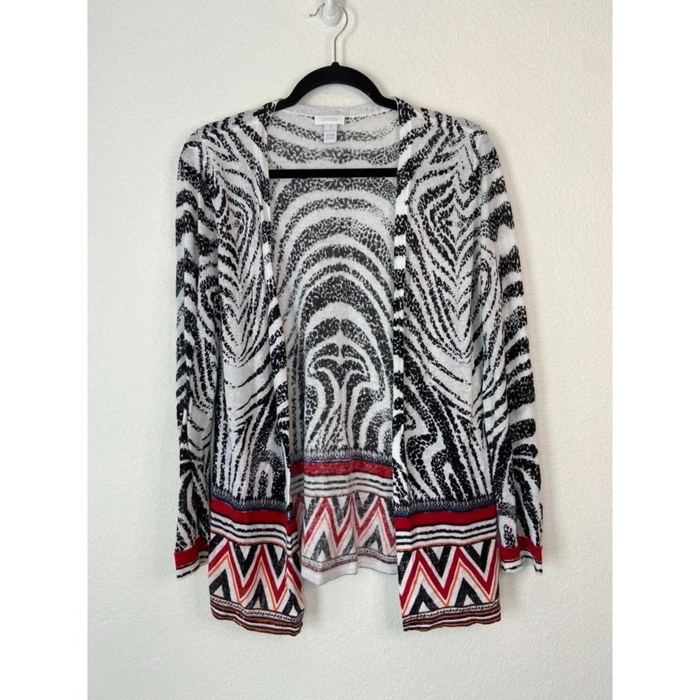 Chico's women's‎ 1 medium black white red patterned linen blend open cardigan
